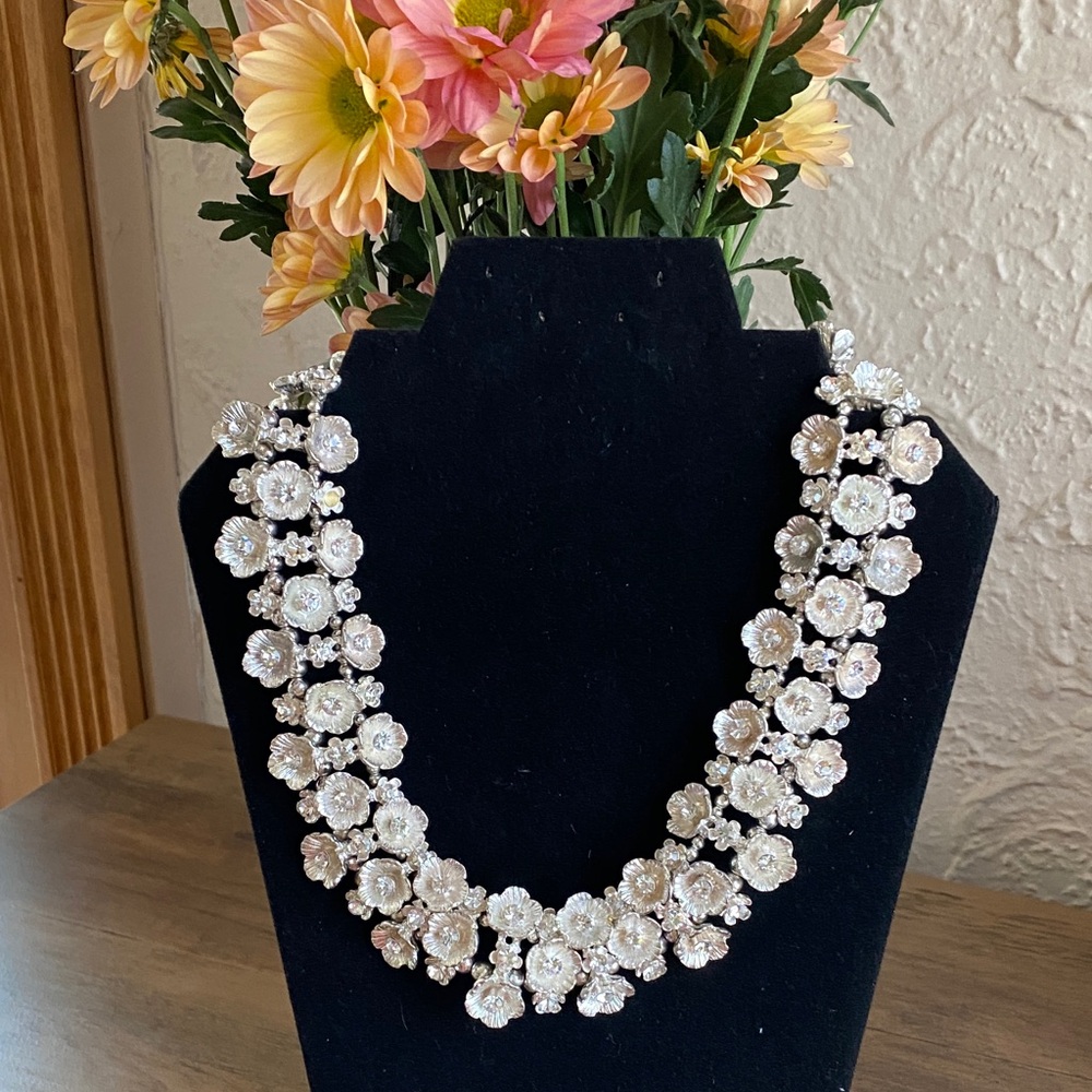 Crystal Floral Statement Necklace - Silver Tone